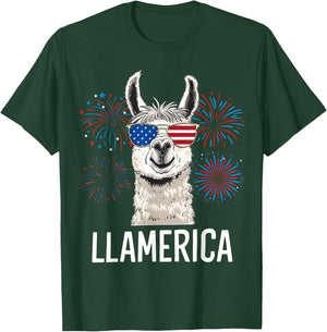Funny Llamerica Fourth July American Flag Firework Graphic T-Shirt - T-Shirt | Forest
