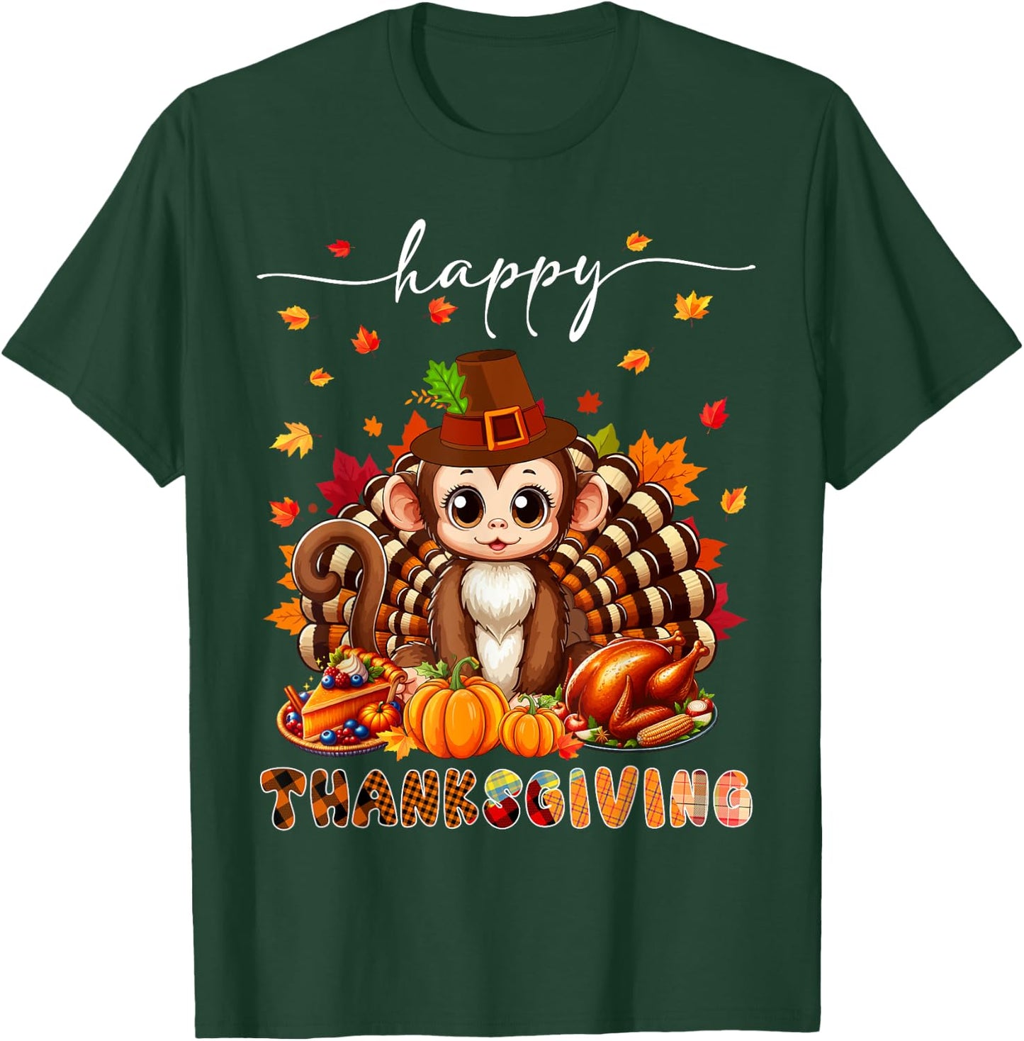 Happy Thanksgiving Monkey Costume Turkey Fall Leaves Food T-Shirt - T-Shirt | Forest