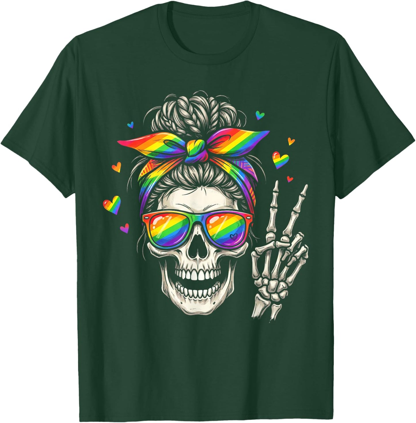 Messy Bun Skull Rainbow Flag LGBT Gay Pride Women Girls T-Shirt - T-Shirt | Forest