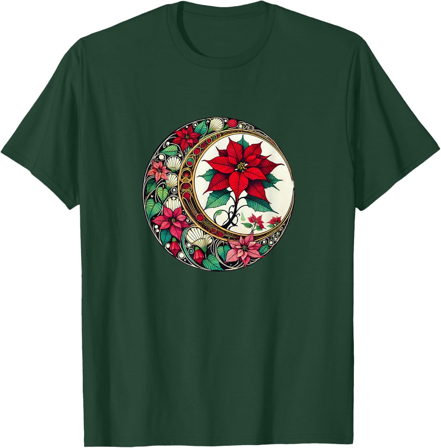 Poinsettia Lovers Snugg Christmas Poinsettias Art Nouveau Poinsettia -Adults Black Small Short Sleeve T-Shirt - T-Shirt | Forest