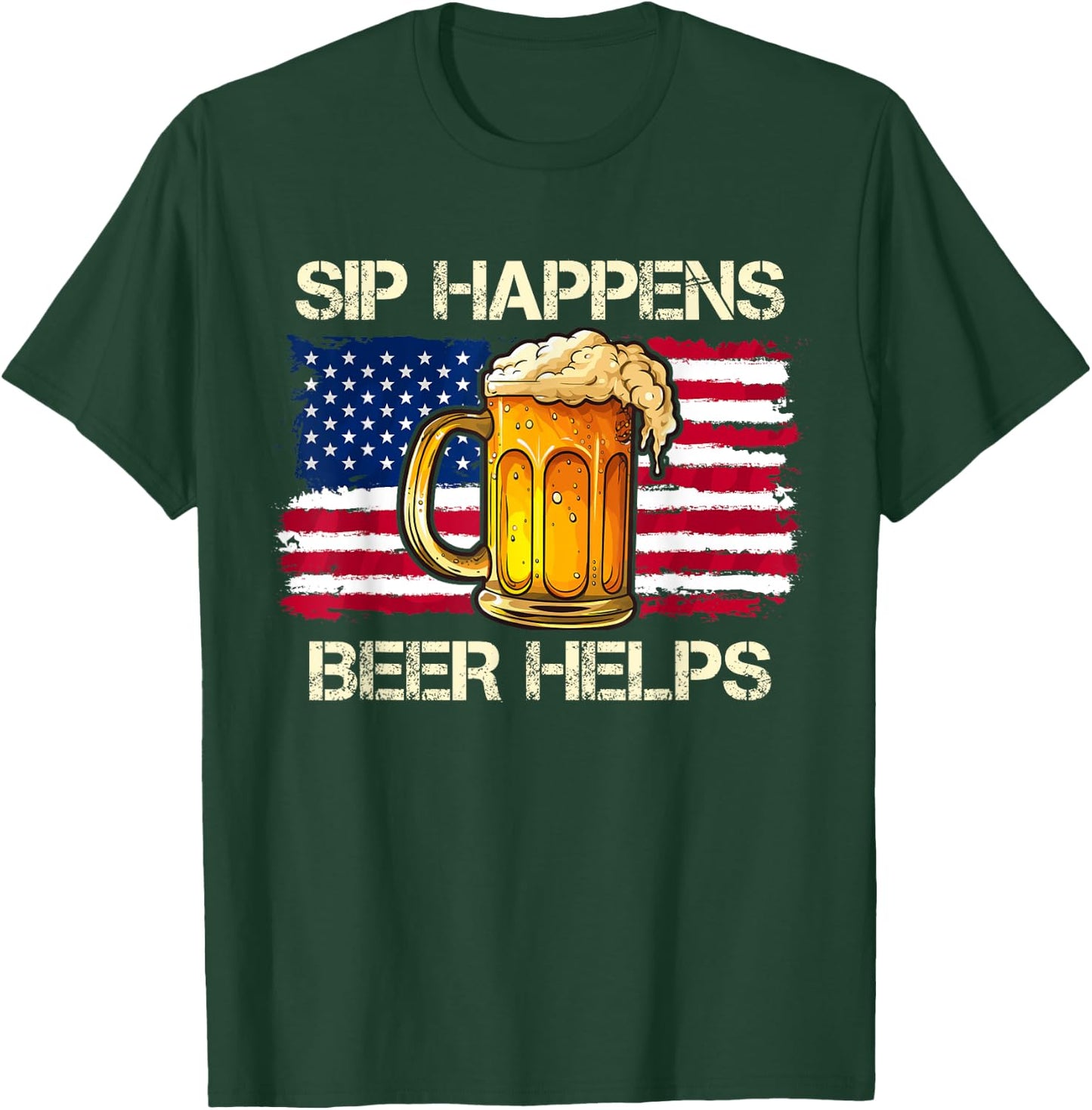 funny pun sip happens beer helps drinking vintage usa flag Women Men T-Shirt - T-Shirt | Forest