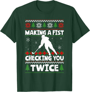 Making A Fist Checking You Twice Hockey Player Christmas T-Shirt - T-Shirt | Forest