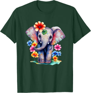 Baby Elephant With Flowers Design For Girls Women Kids T-Shirt - T-Shirt | Forest