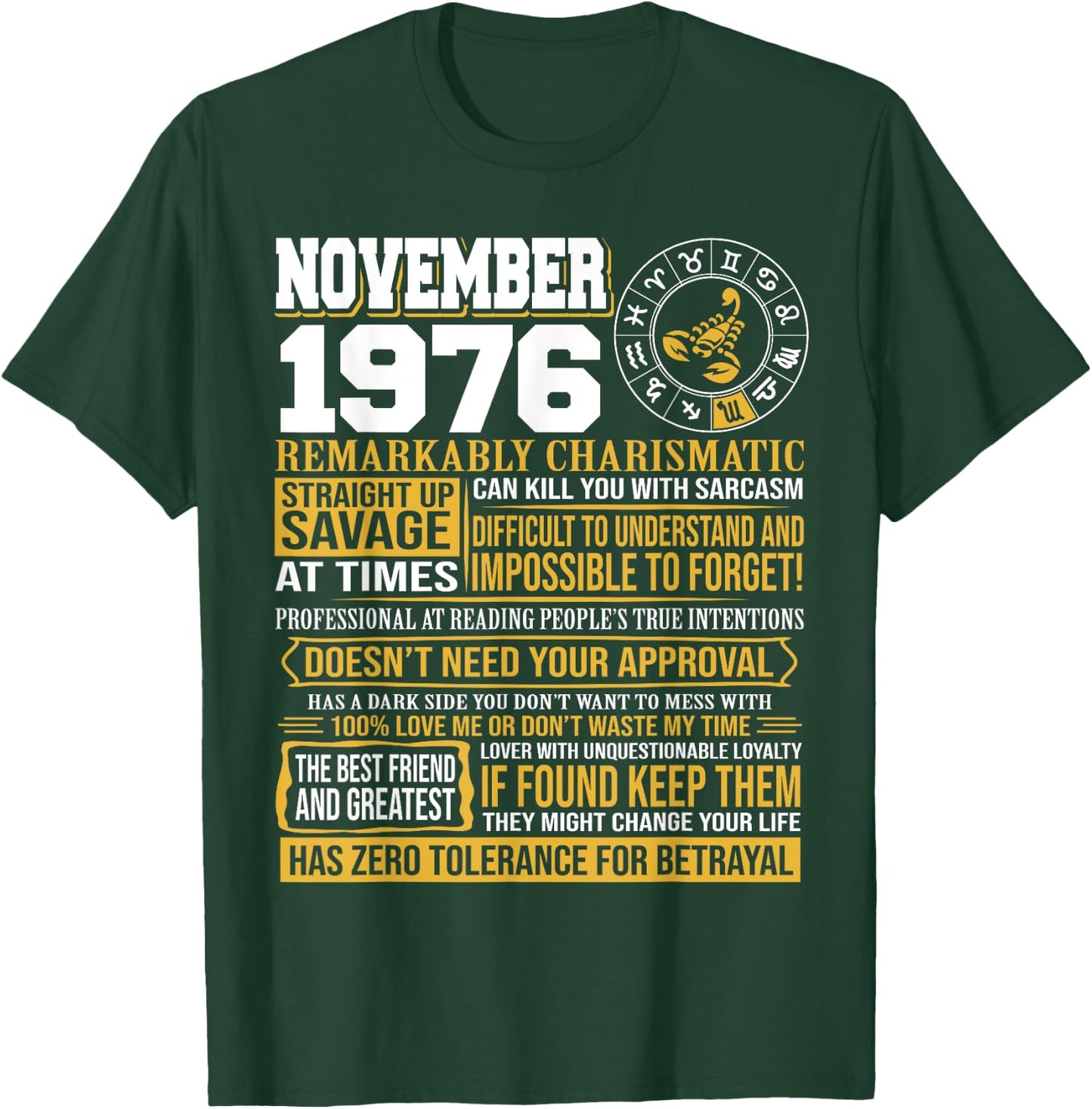 November Birthday Gifts - Born November Scorpio 1976 Funny T-Shirt - T-Shirt | Forest