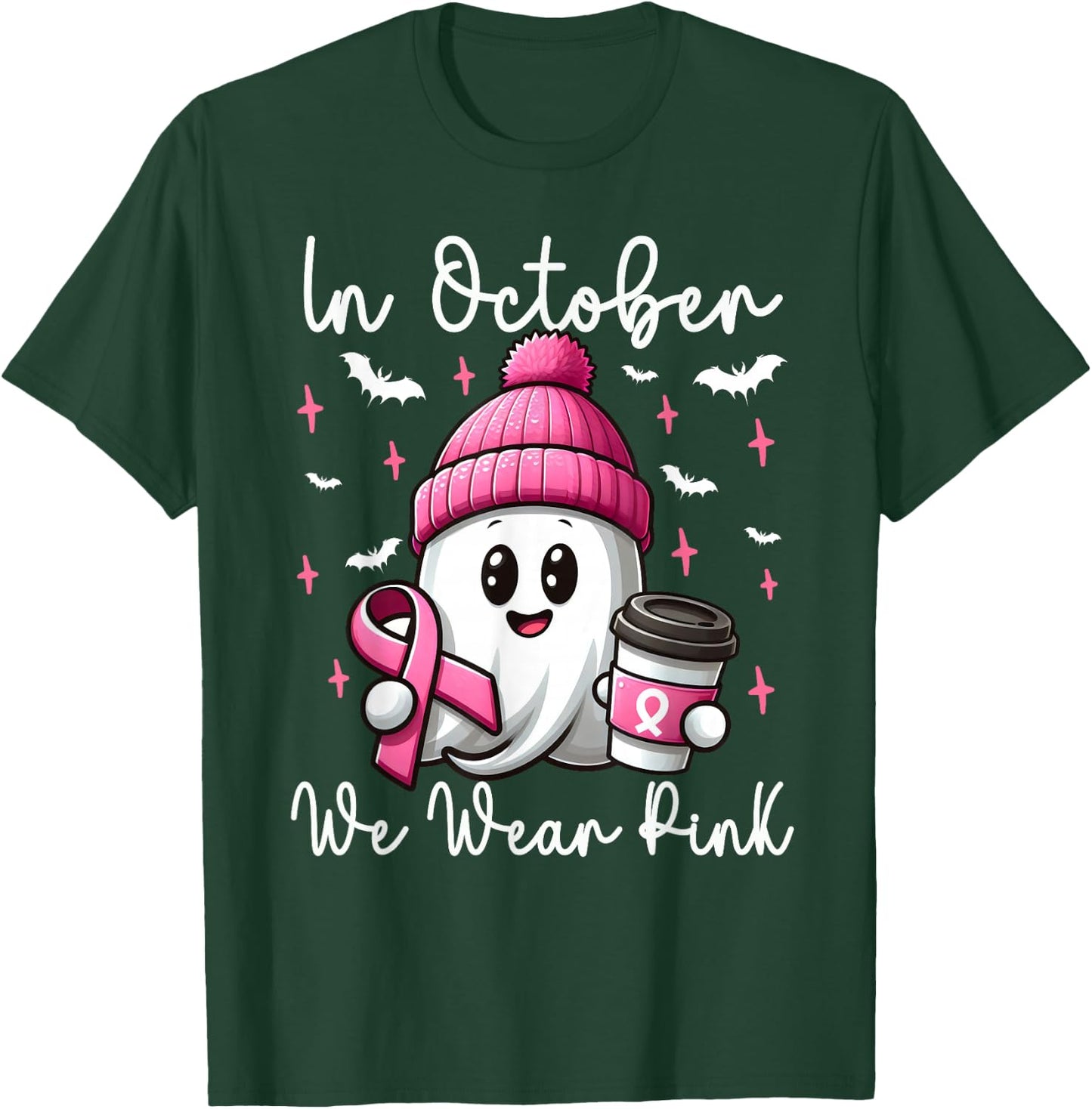 In October We Wear Pink Halloween Ghost Coffee Breast cancer T-Shirt - T-Shirt | Forest