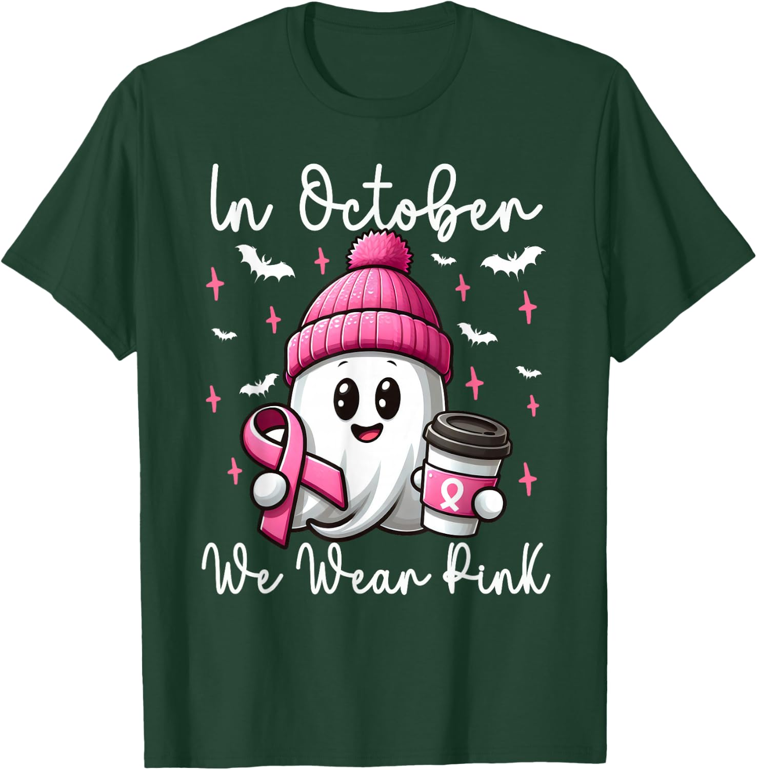 In October We Wear Pink Halloween Ghost Coffee Breast cancer T-Shirt - T-Shirt | Forest