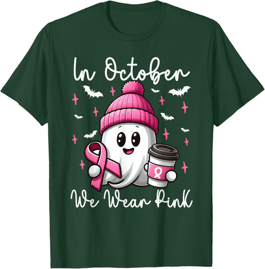 In October We Wear Pink Halloween Ghost Coffee Breast cancer T-Shirt - T-Shirt | Forest