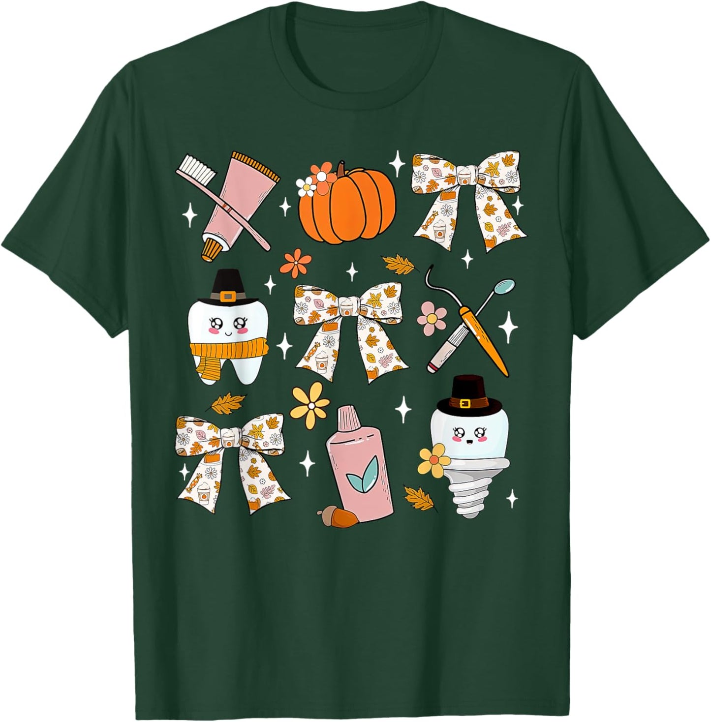 Coquette Bow Dental Squad Fall Autumn Dentist Assistant T-Shirt - T-Shirt | Forest