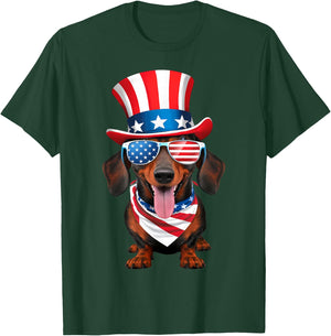 Dachshund Dog American Flag Glasses Hat 4th of July T-Shirt - T-Shirt | Forest