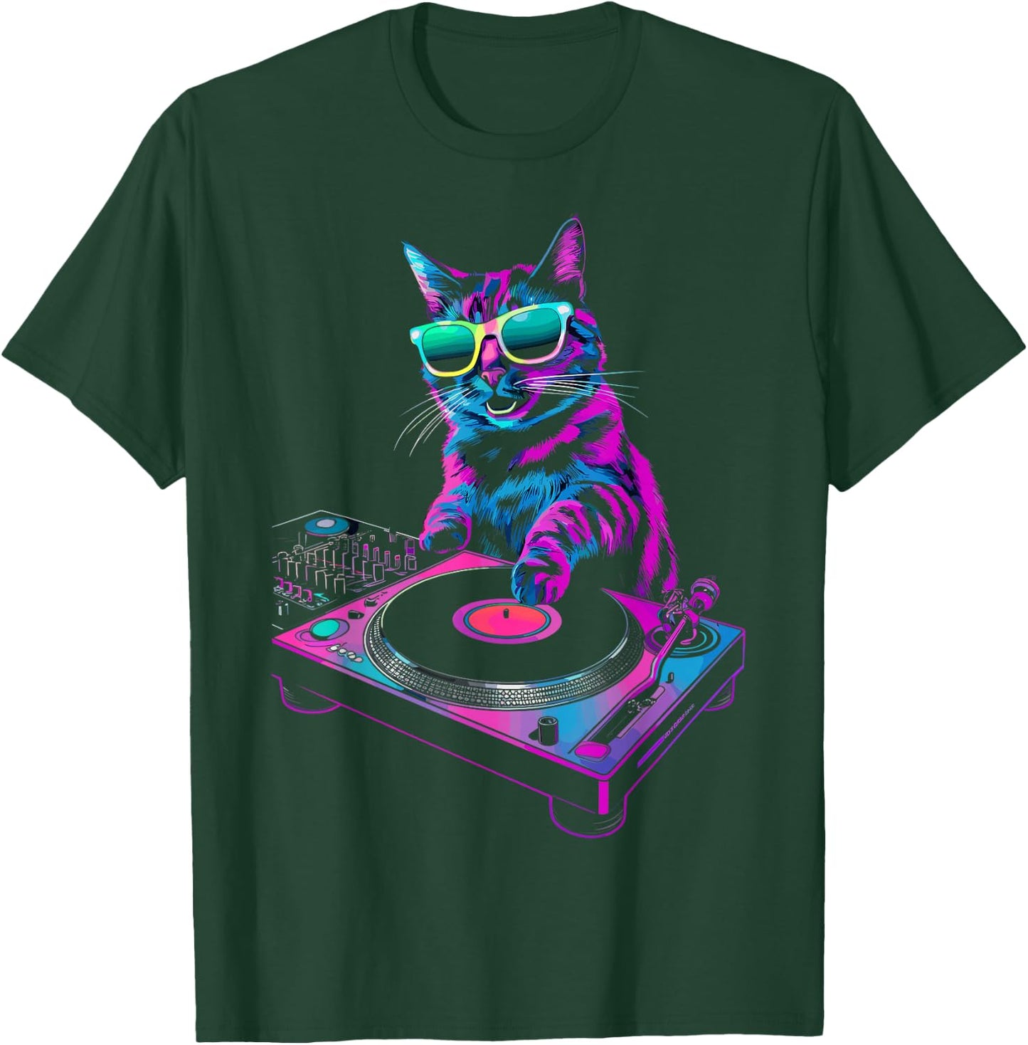 House DJ Cat Rainbow DJ Cat Kitty on Turntable Disco DJ Cat , Small, Black T-Shirt - T-Shirt | Forest