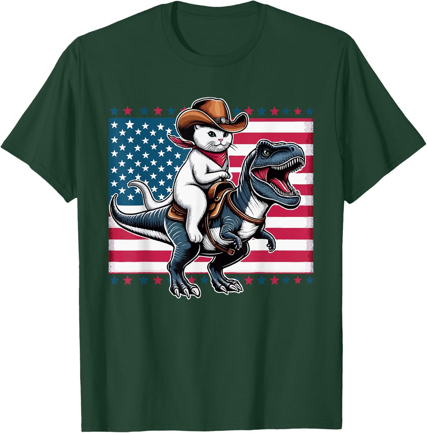 Cute Cowboy Cat Riding Dinosaur USA Flag T-Rex 4th of July , Small, Black T-Shirt - T-Shirt | Forest