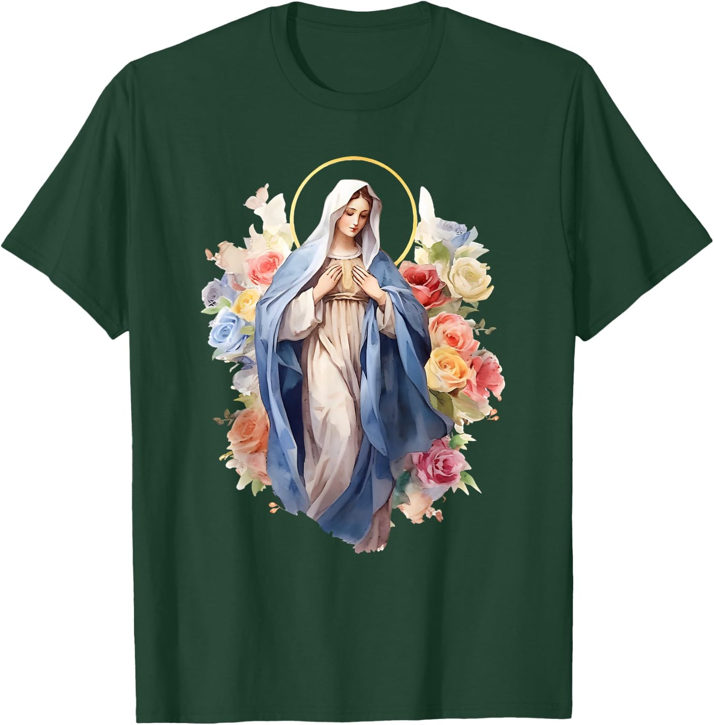 Blessed Mother Mary Mother of Jesus Roses Our Lady Catholic T-Shirt - T-Shirt | Forest