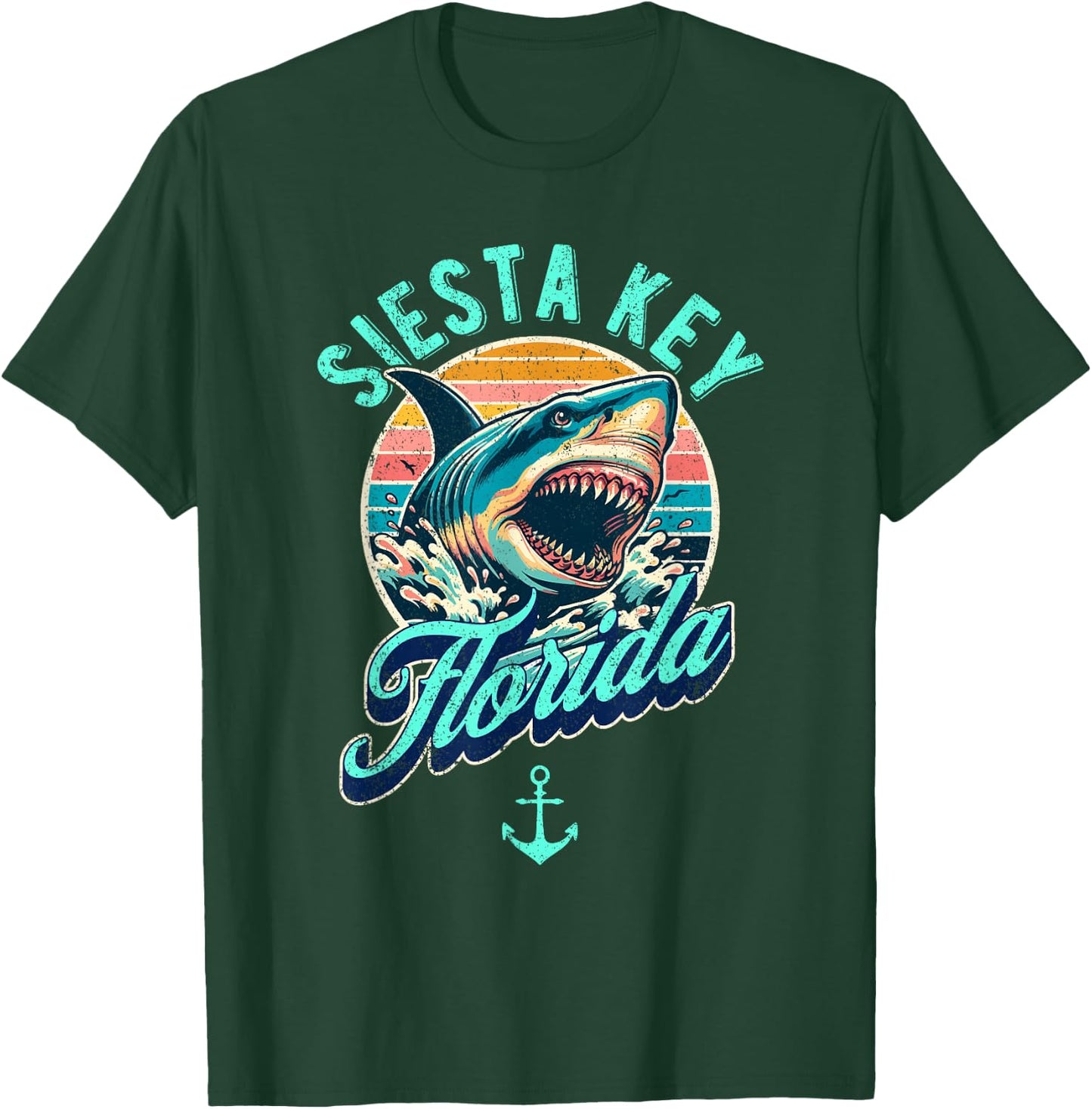 Siesta Key Florida Shark Retro Distressed Design T-Shirt - T-Shirt | Forest