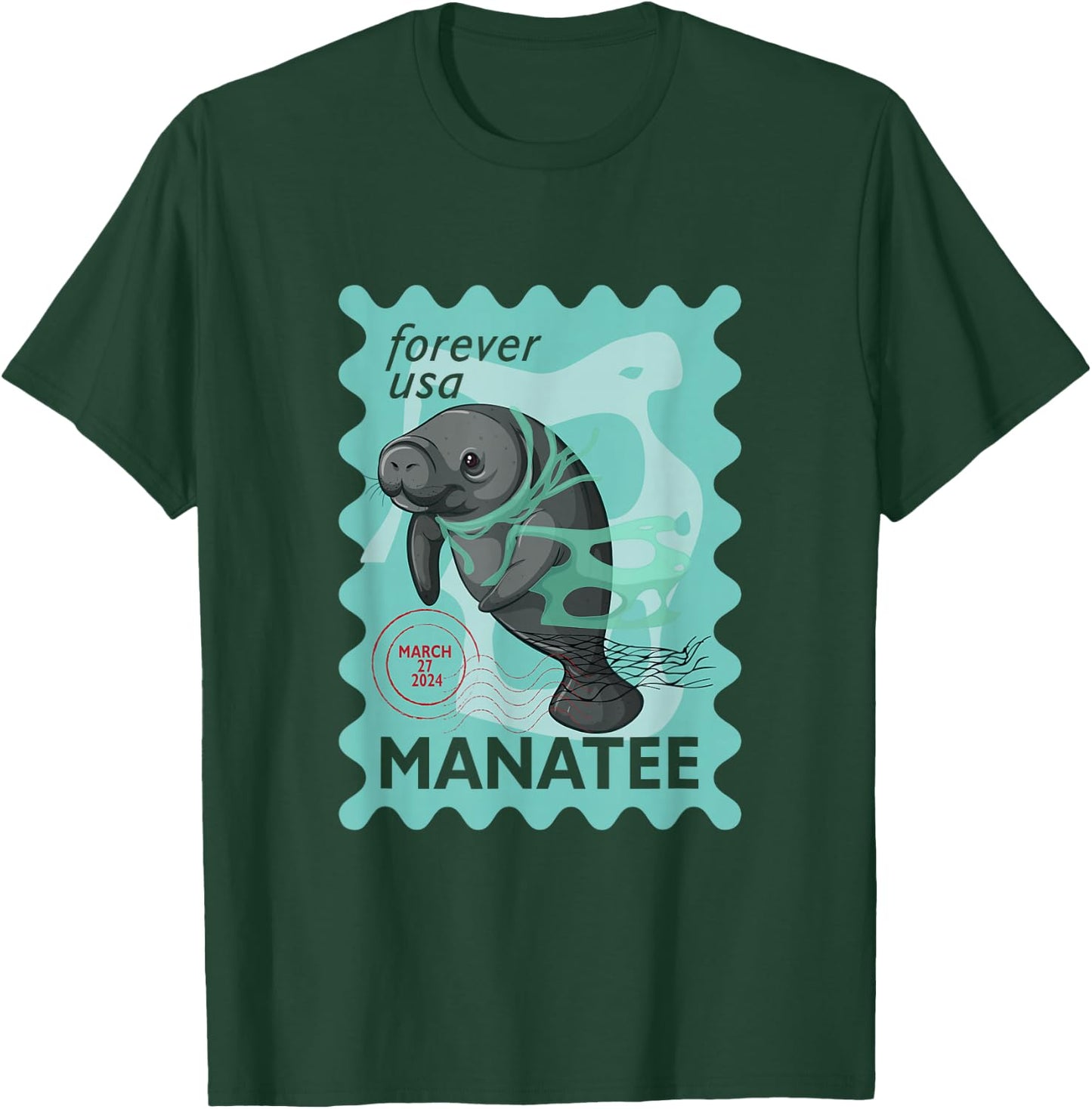 Manatee Stamp Wildlife Animal Manatee Lover Postal Worker T-Shirt - T-Shirt | Forest