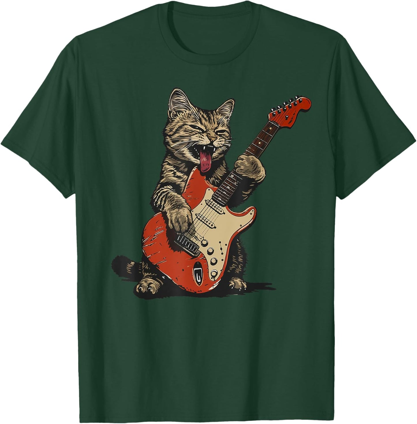 Rock and Roll Guitar Cat Vintage ROCK Guitarist Cat Men Women Girls Kids T-Shirt - T-Shirt | Forest