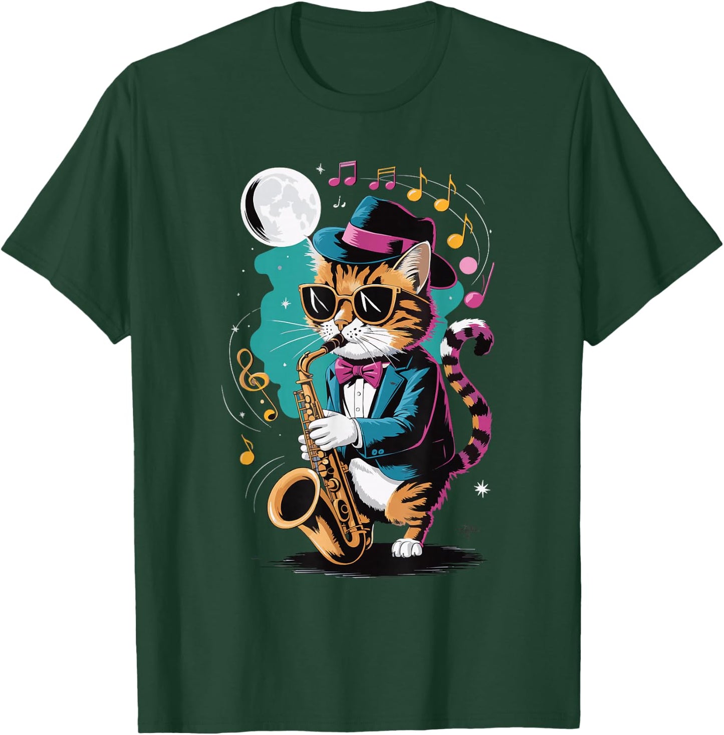Cat Playing Saxophone Men Women Kids T-Shirt - T-Shirt | Forest