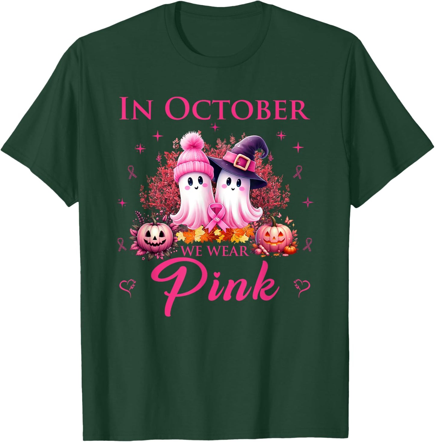 In October We Wear Pink Ghost Breast Cancer Awareness T-Shirt - T-Shirt | Forest