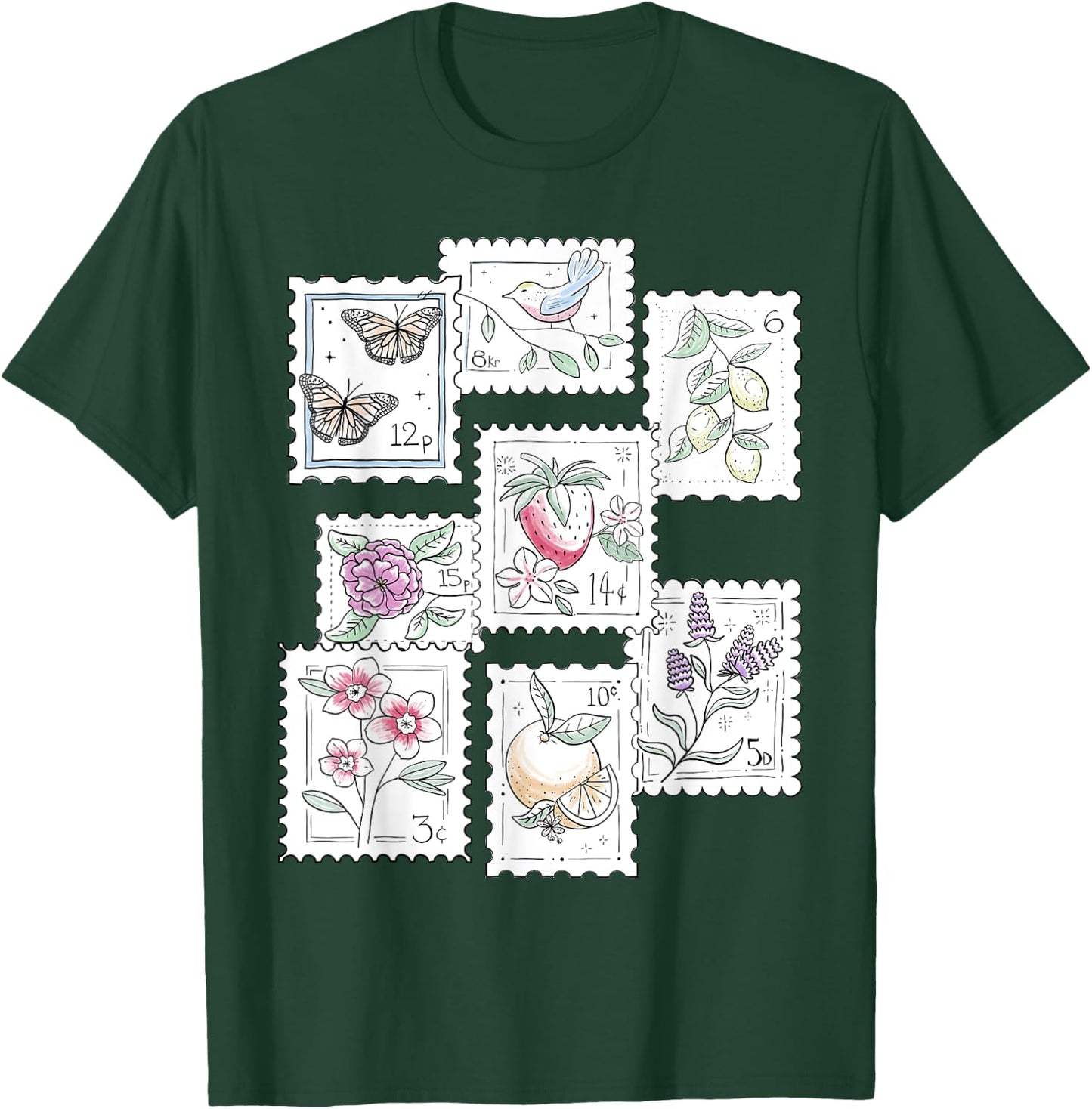 Postage Stamp Pattern Flowers Butterflies Bird Strawberry T-Shirt - T-Shirt | Forest