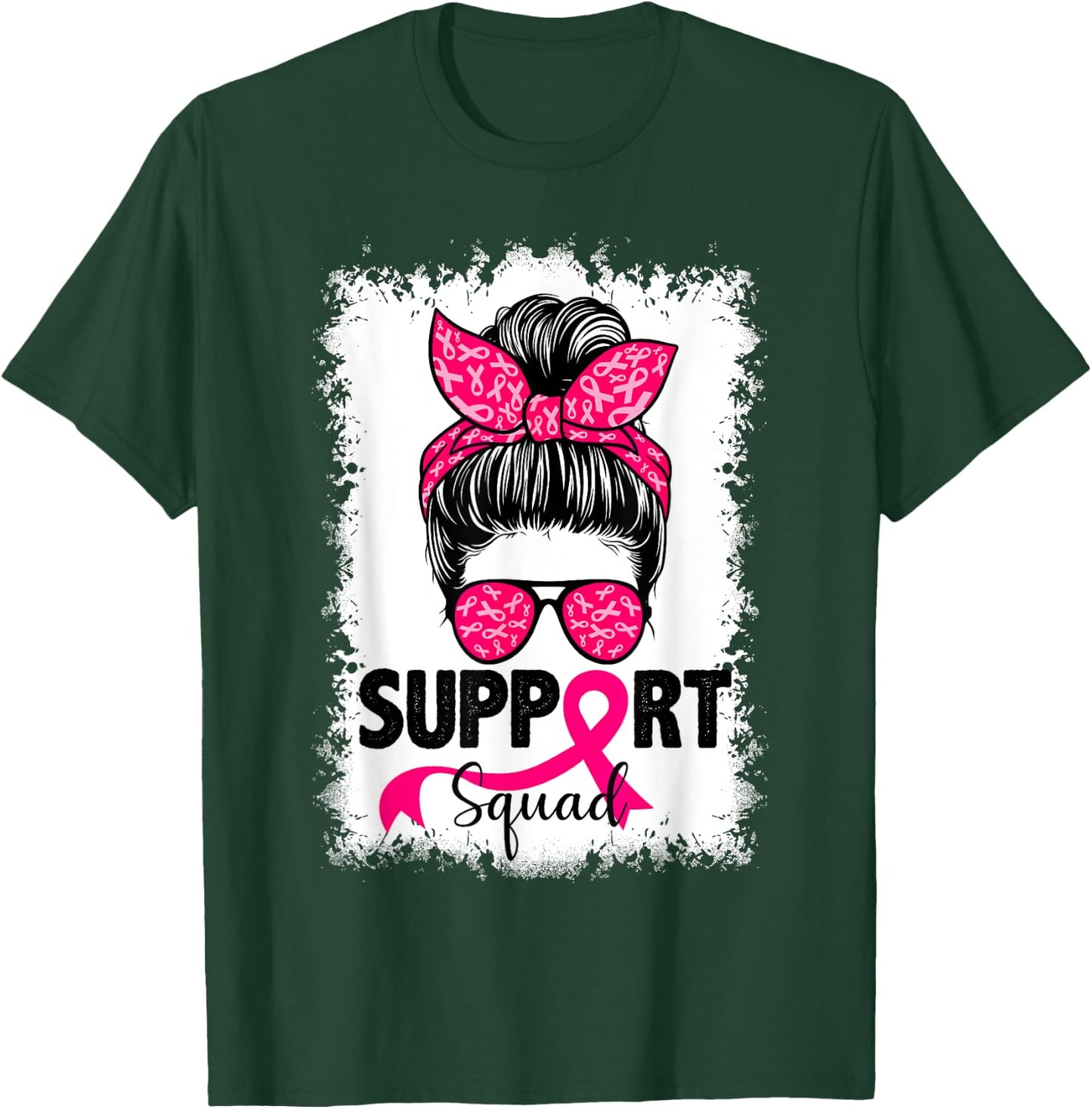 Support Squad Messy Bun Pink Warrior Breast Cancer Awareness T-Shirt - T-Shirt | Forest