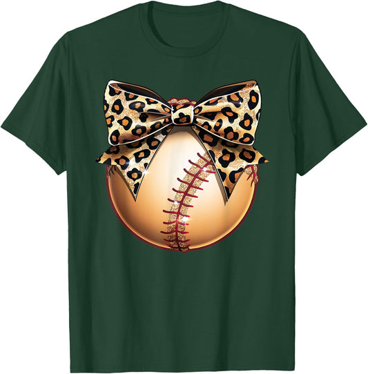 Cute Leopard Cheetah Print Ribbon Bow Baseball Mom Sister T-Shirt - T-Shirt | Forest