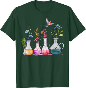 Floral Beakers Laboratory Hummingbird Chemistry Science T-Shirt - T-Shirt | Forest
