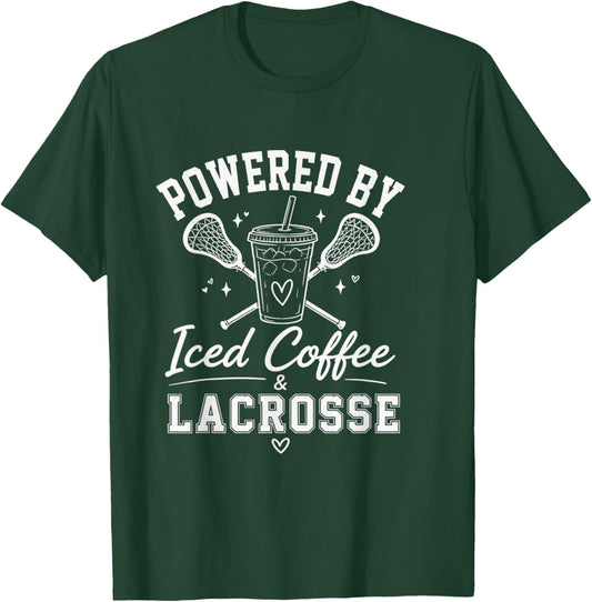 Powered By Iced Coffee & Lacrosse Funny Lacrosse Player T-Shirt - T-Shirt | Forest