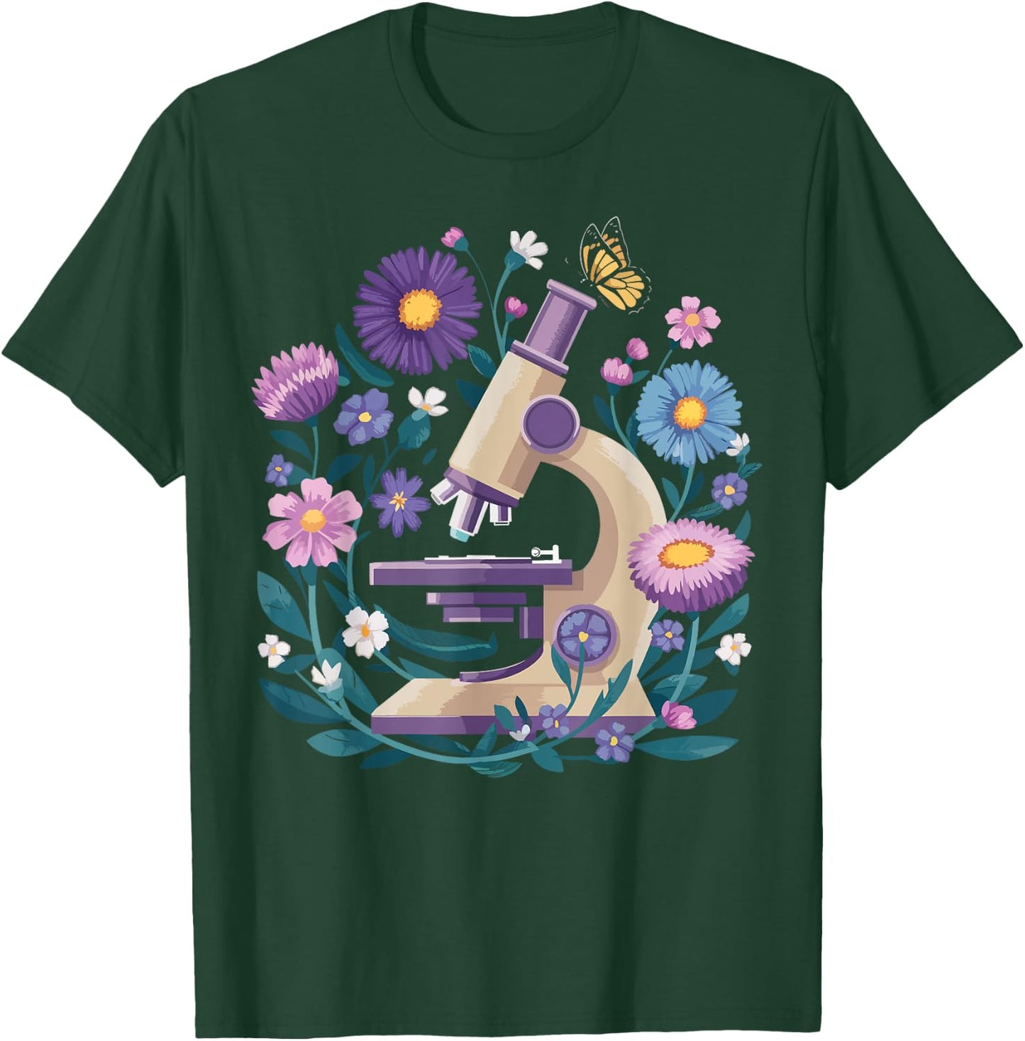 Microscope Flower Butterfly Biology Science Teacher Student T-Shirt - T-Shirt | Forest