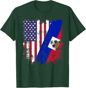 Haitian Roots Half American Flag Haiti Flag T-Shirt - T-Shirt | Forest