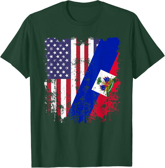 Haitian Roots Half American Flag Haiti Flag T-Shirt - T-Shirt | Forest