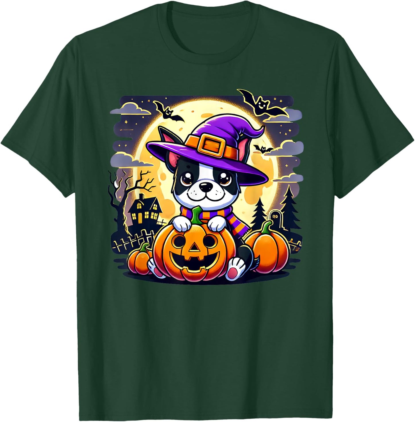 Halloween Boston Terrier Dog Breed With Jack O' Lantern Art Women Kids T-Shirt - T-Shirt | Forest