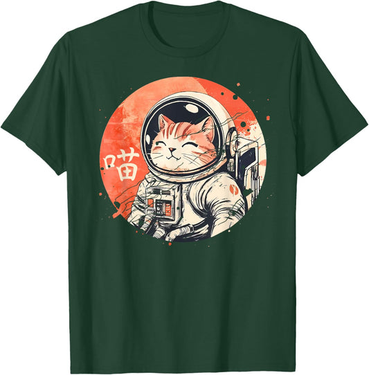 Kawaii Japanese Art Retro Outer Space Lucky Cat Astronaut T-Shirt - T-Shirt | Forest