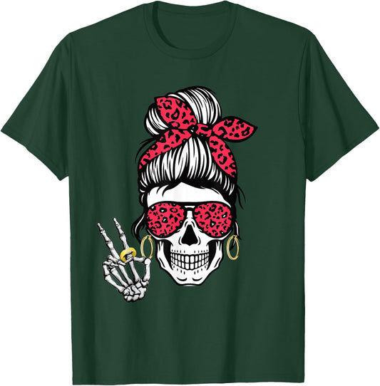 Boho Skeleton Peace Sign Messy Bun Bandana Halloween Apparel T-Shirt - T-Shirt | Forest