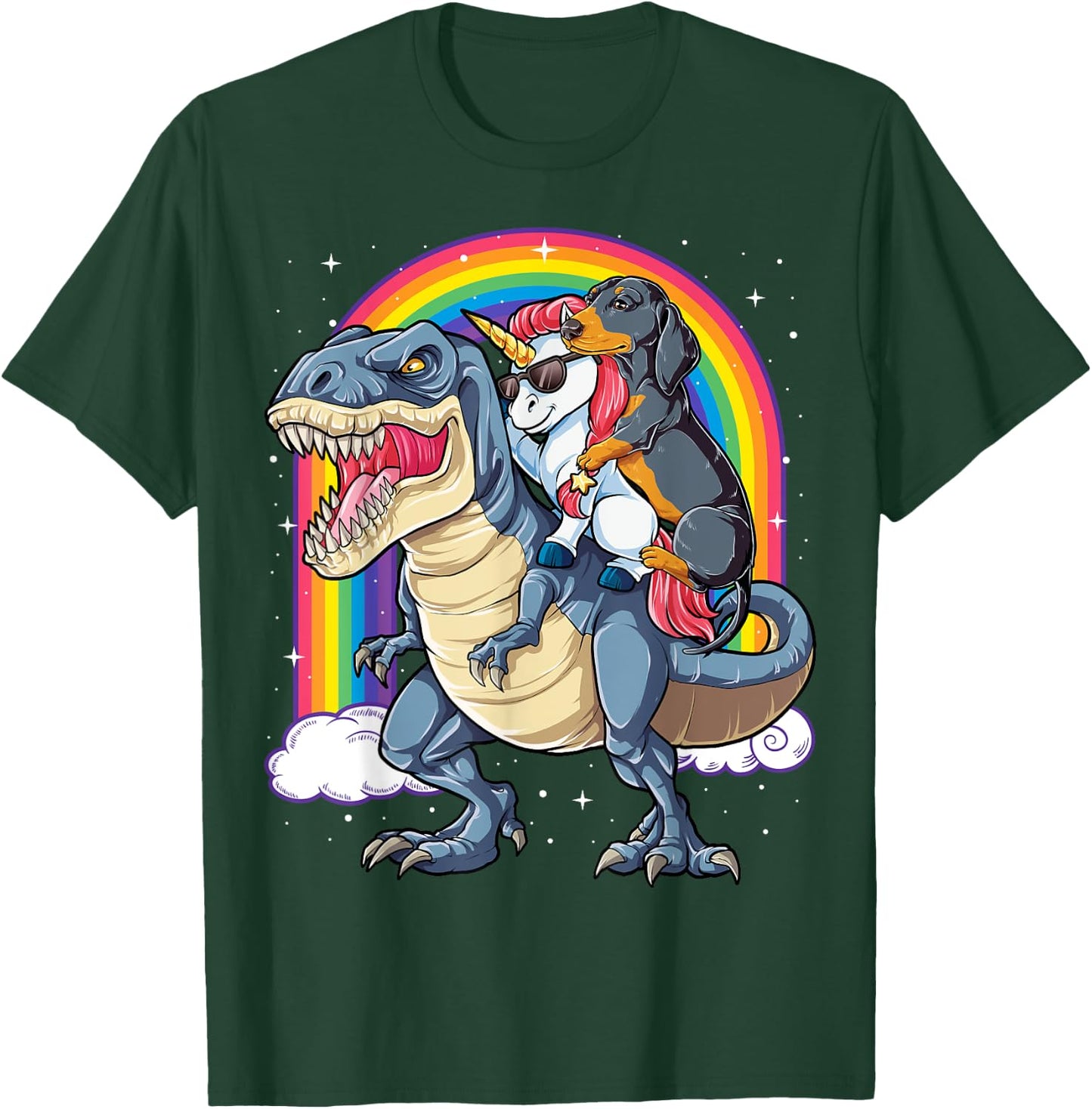 Dachshund Unicorn Riding Dinosaur T-rex Gifts Women Rainbow T-Shirt - T-Shirt | Forest