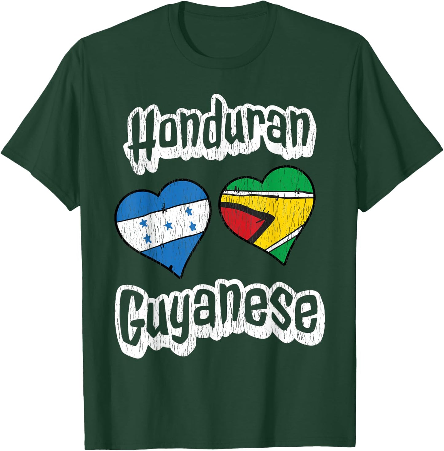 Honduran Guyanese Flag Heart Combo Distressed T-Shirt - T-Shirt | Forest