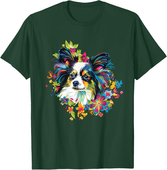 Artful Papillon Designs Floral Pop Art Papillon - -Adults & -Kids - Black - Small - Short Sleeve - Classic Fit - Round Neck T-Shirt - T-Shirt | Forest