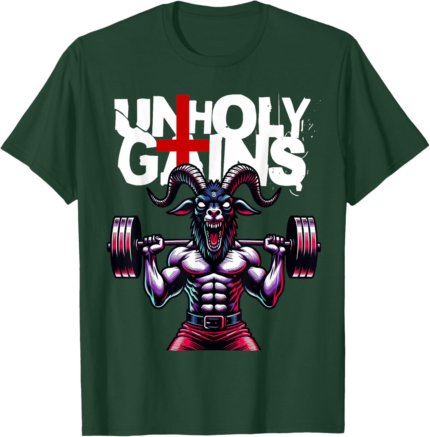 Unholy Gains Satanic Workout Devil Worship Goat Deadlift Gym T-Shirt - T-Shirt | Forest