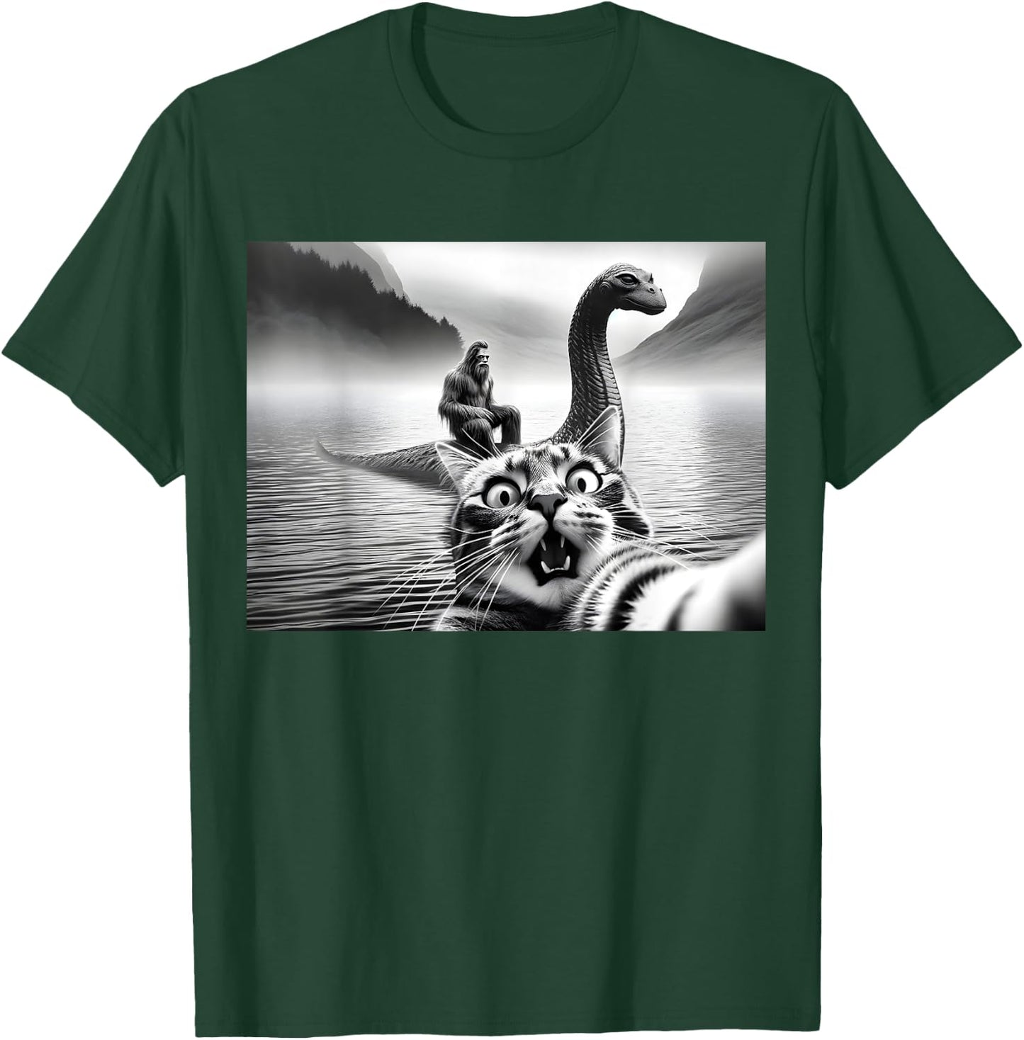Bigfoot Riding Loch Ness Monster Surprised Scared Cat Selfie Women Girls Kids T-Shirt - T-Shirt | Forest