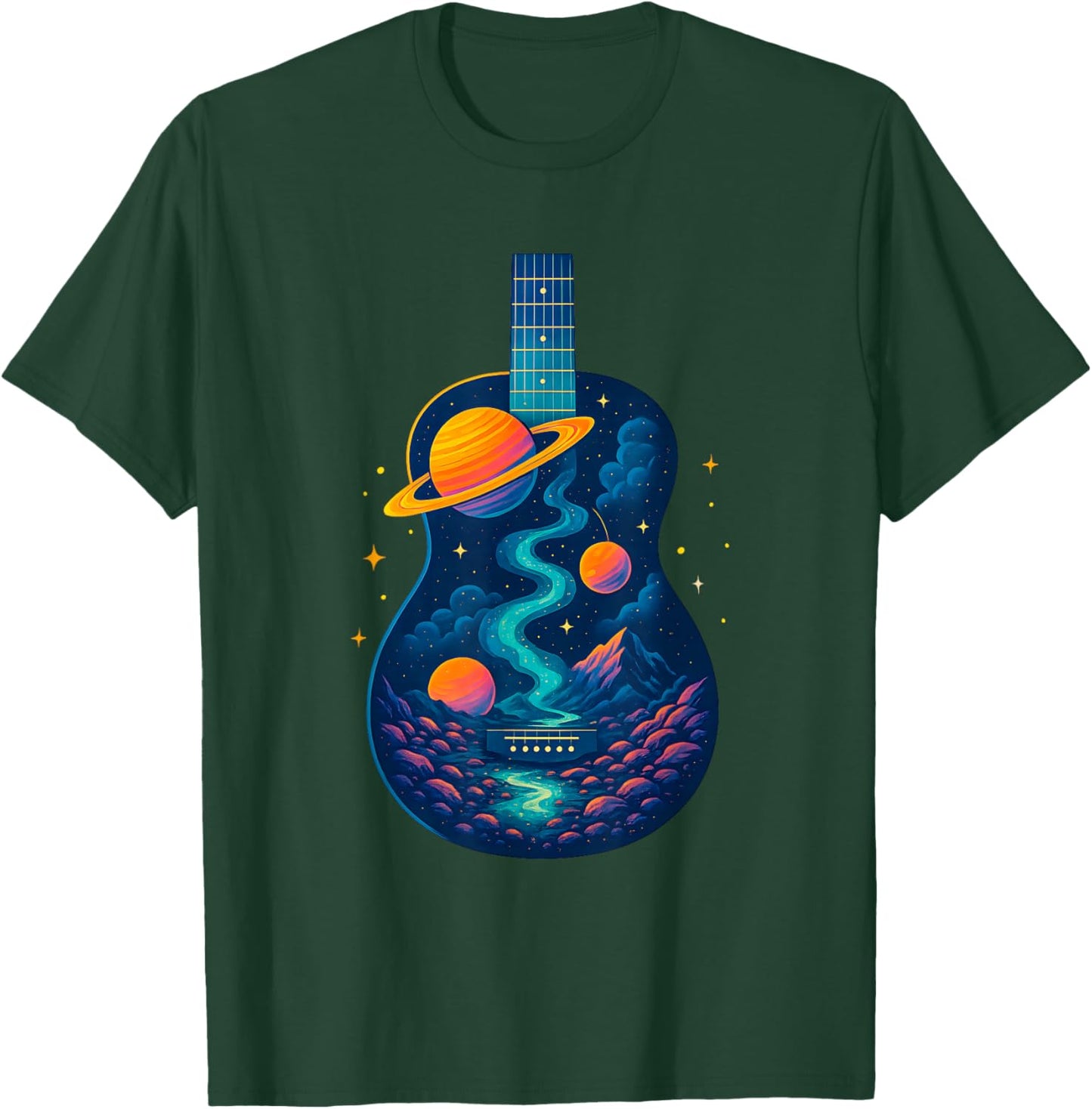 Guitar Space Reflections Galaxy and Planets Guitarist Band T-Shirt - T-Shirt | Forest