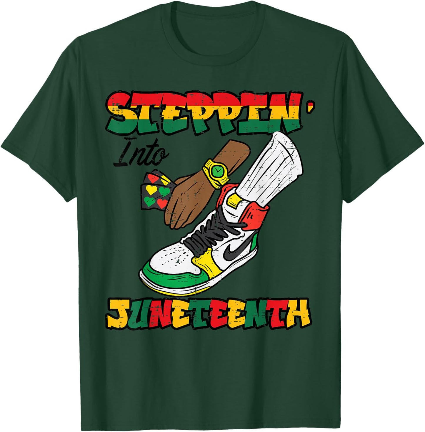 Steppin Juneteenth Shoe Watch Black American Men Boys Kids T-Shirt - T-Shirt | Forest