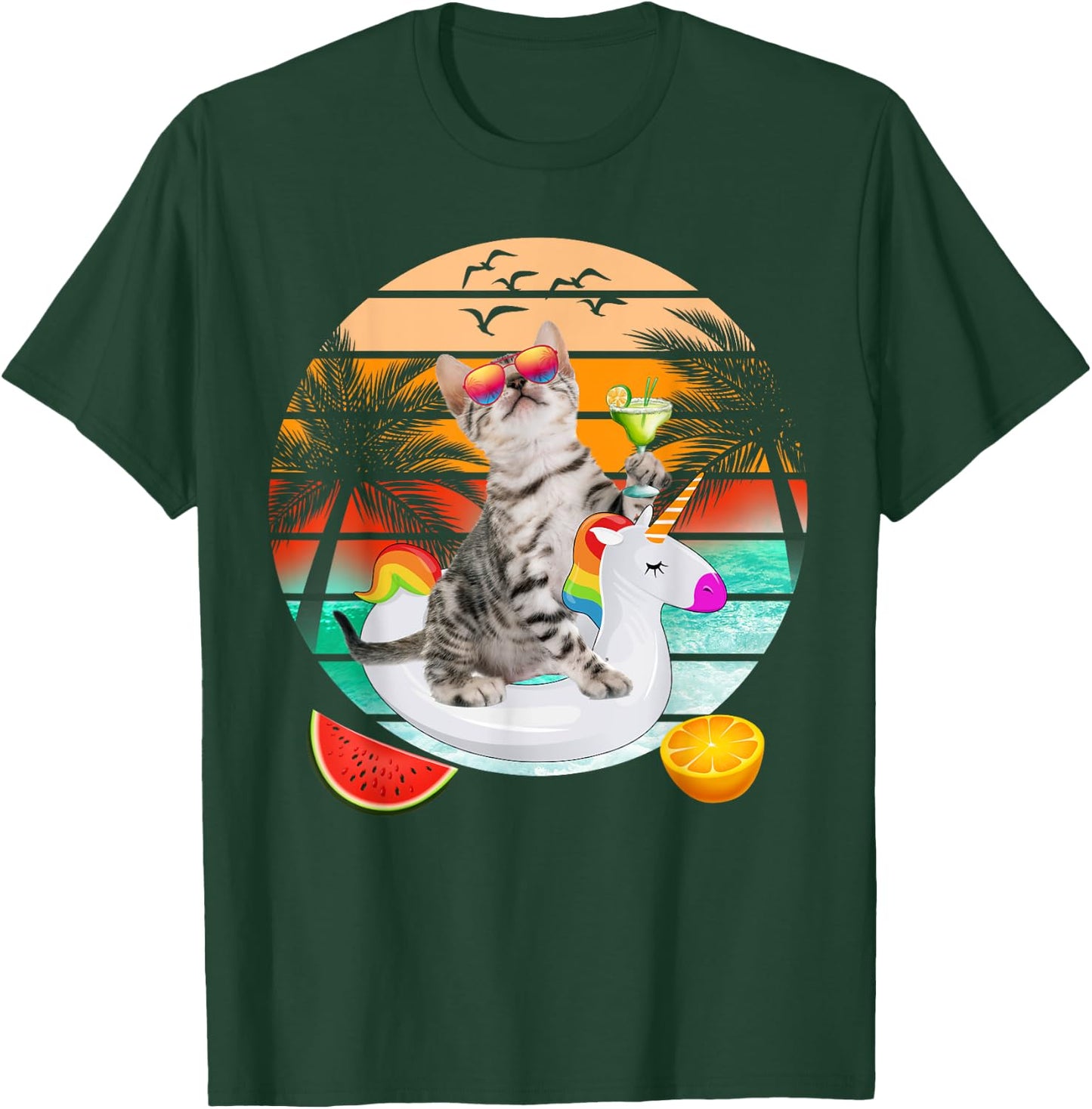 Cute Cat With Margarita & Unicorn Float Kitten Summer Vibes T-Shirt - T-Shirt | Forest