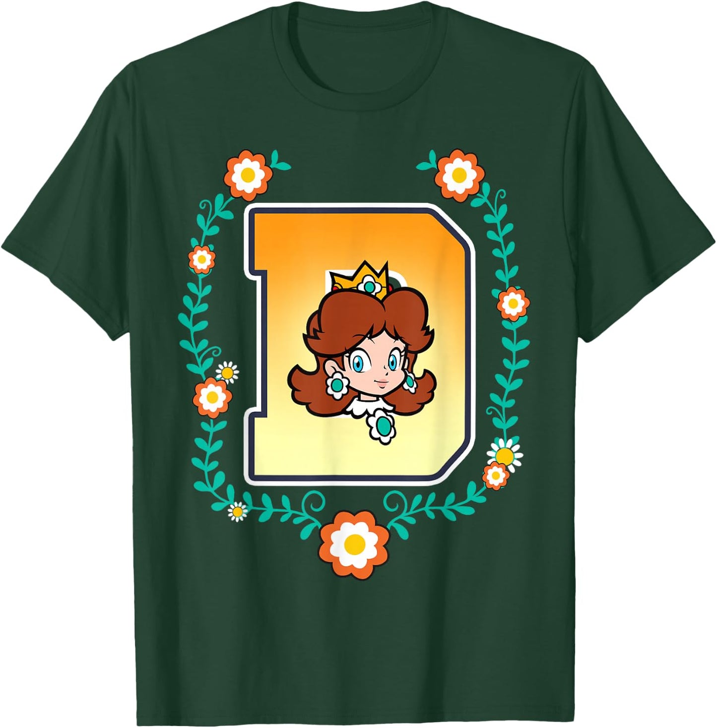 Super Mario Princess Daisy University Letter Portrait Logo T-Shirt - T-Shirt | Forest