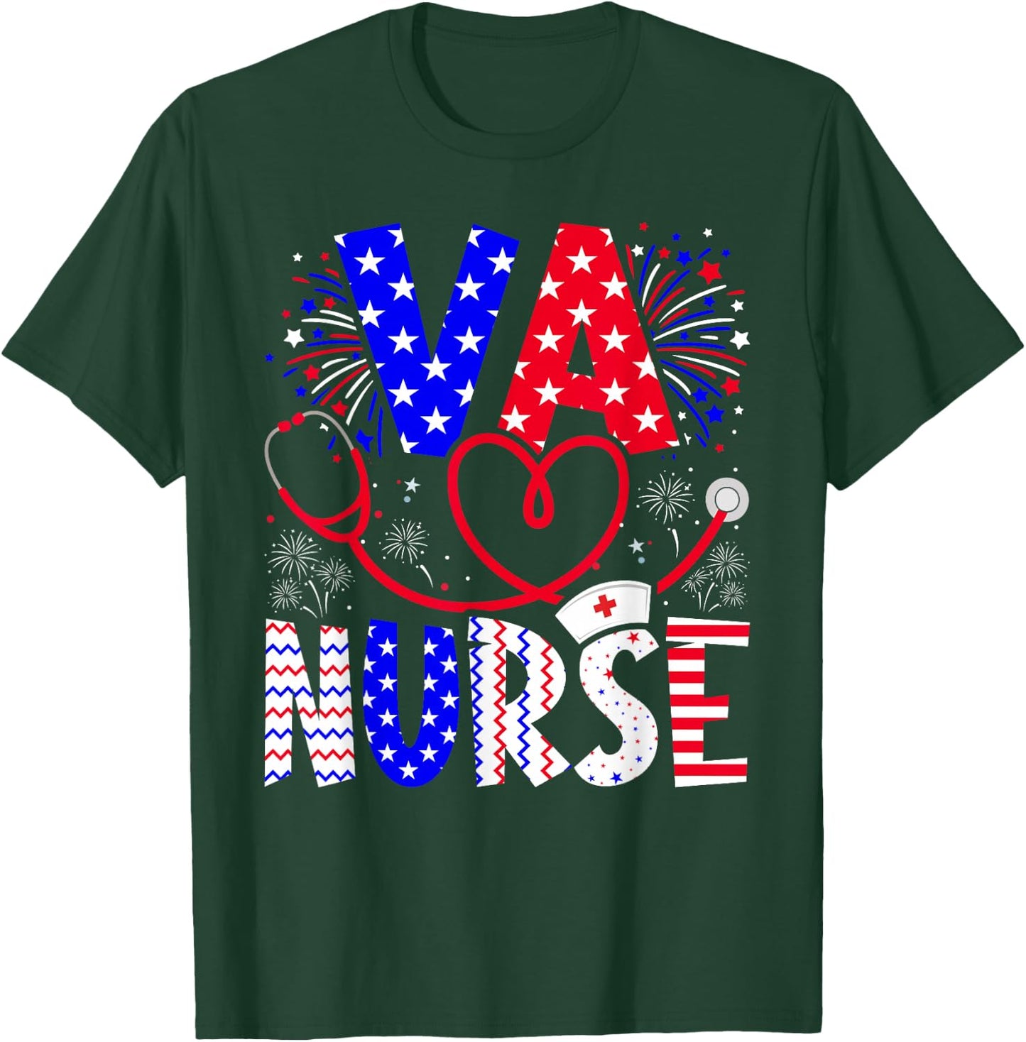 VA Nurse 4th Of July American Flag Stethoscope T-Shirt - T-Shirt | Forest