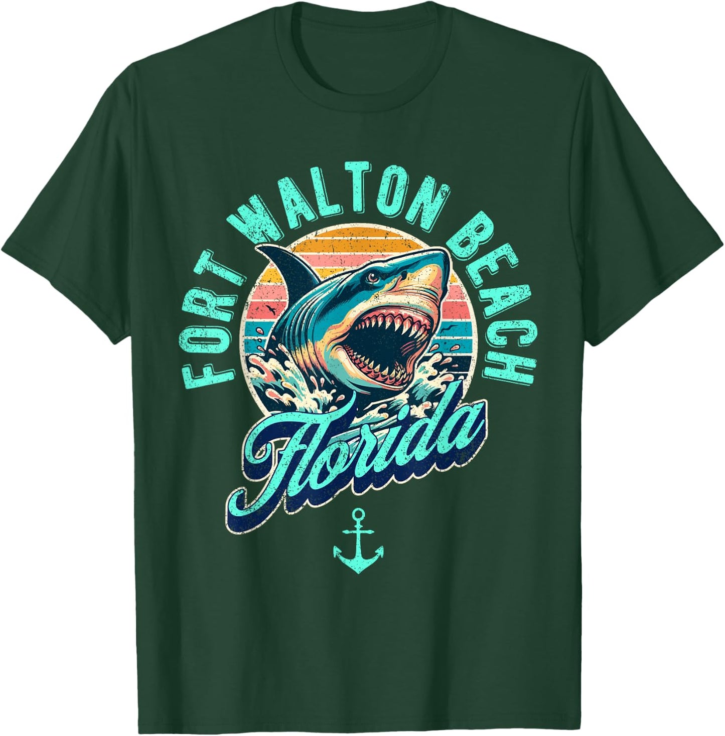 Fort Walton Beach Florida Shark Retro Distressed Design T-Shirt - T-Shirt | Forest