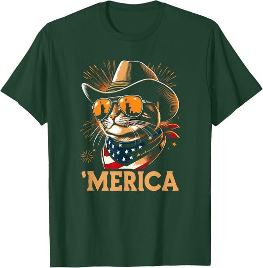 USA 'Merica Cat 4th of July Men Women Kids Funny Patriotic T-Shirt - T-Shirt | Forest