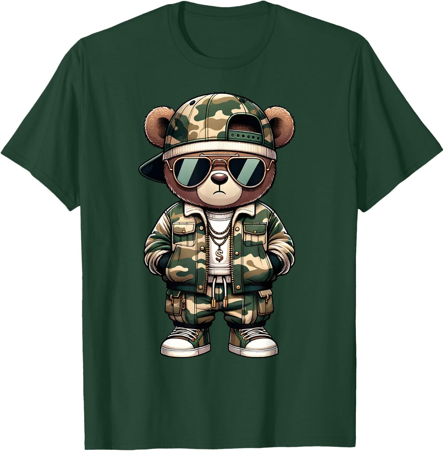 Camo Hip Hop Teddy Bear Camouflage Gangsta Streetwear Hustle T-Shirt - T-Shirt | Forest