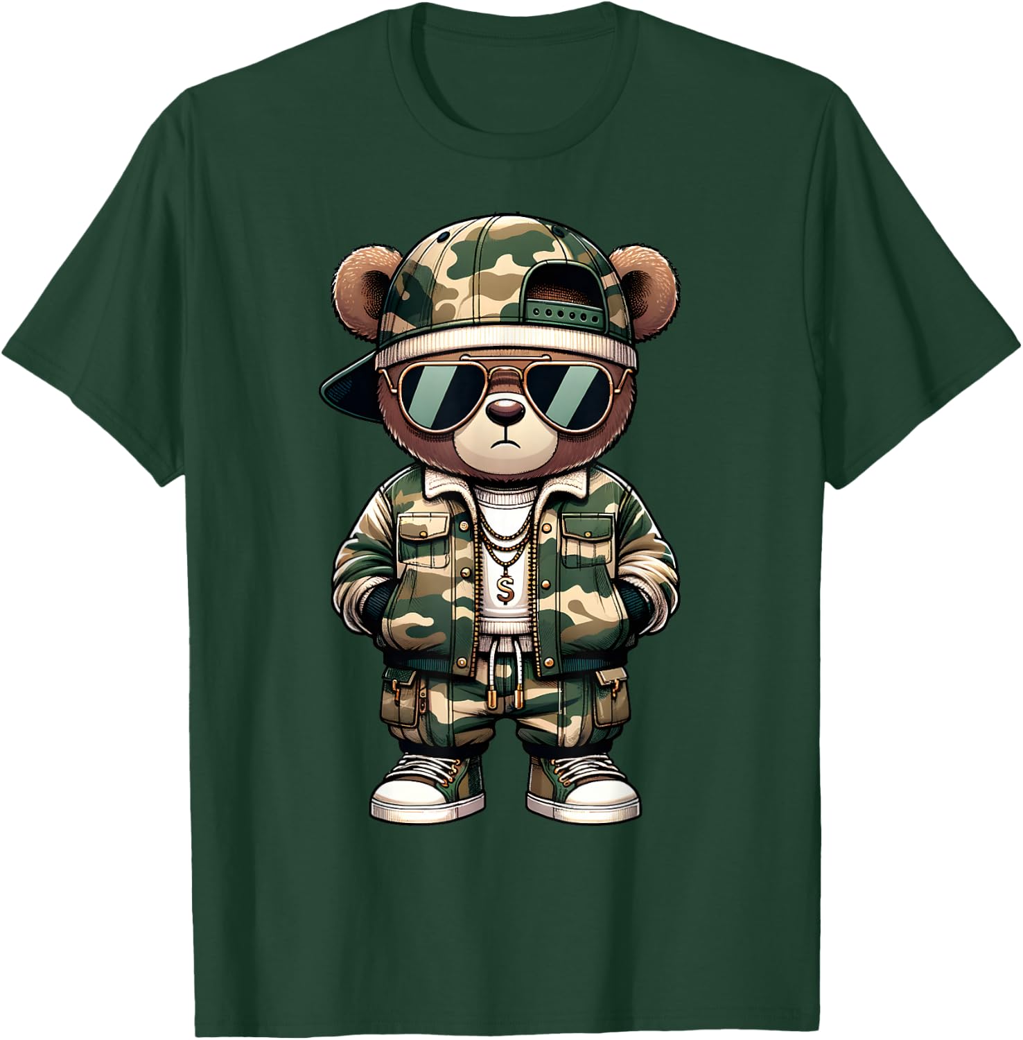 Camo Hip Hop Teddy Bear Camouflage Gangsta Streetwear Hustle T-Shirt - T-Shirt | Forest