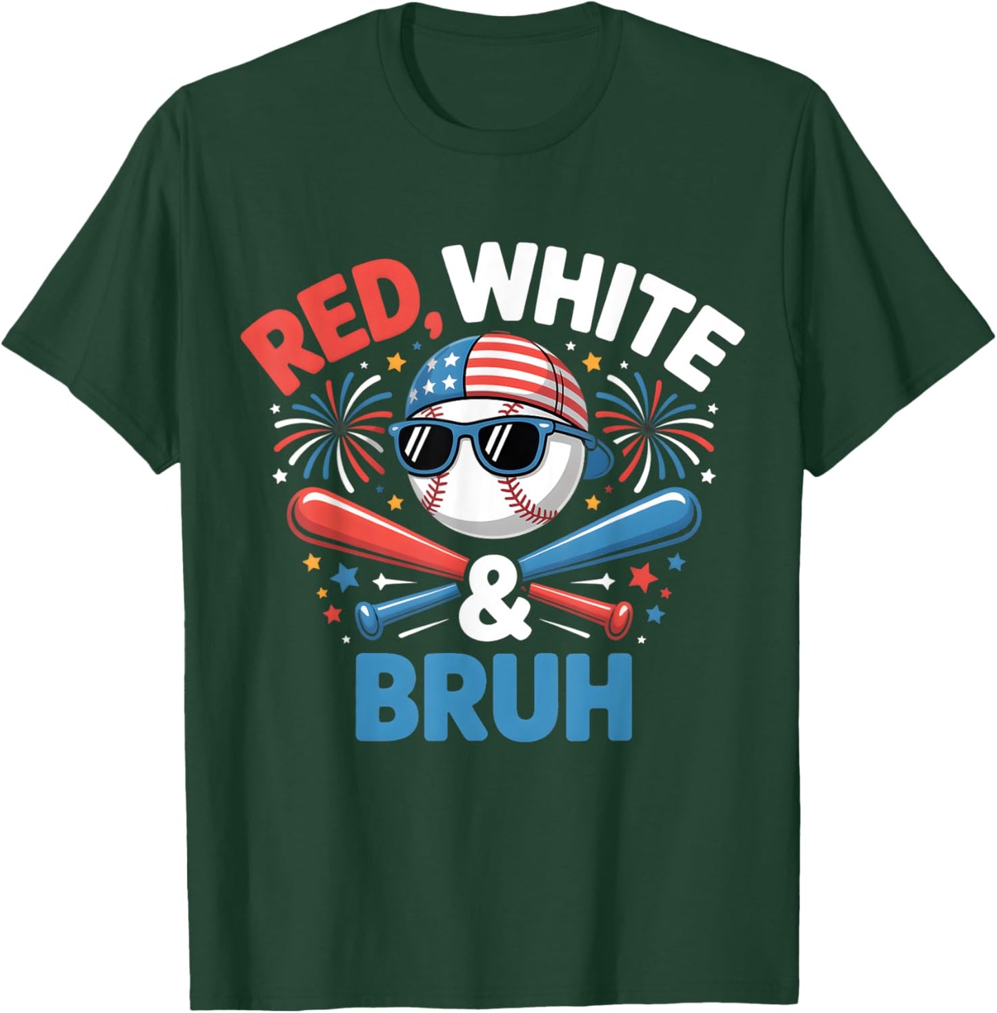 Red White and Bruh Baseball Kids Boys Toddler Youth July 4 T-Shirt - T-Shirt | Forest