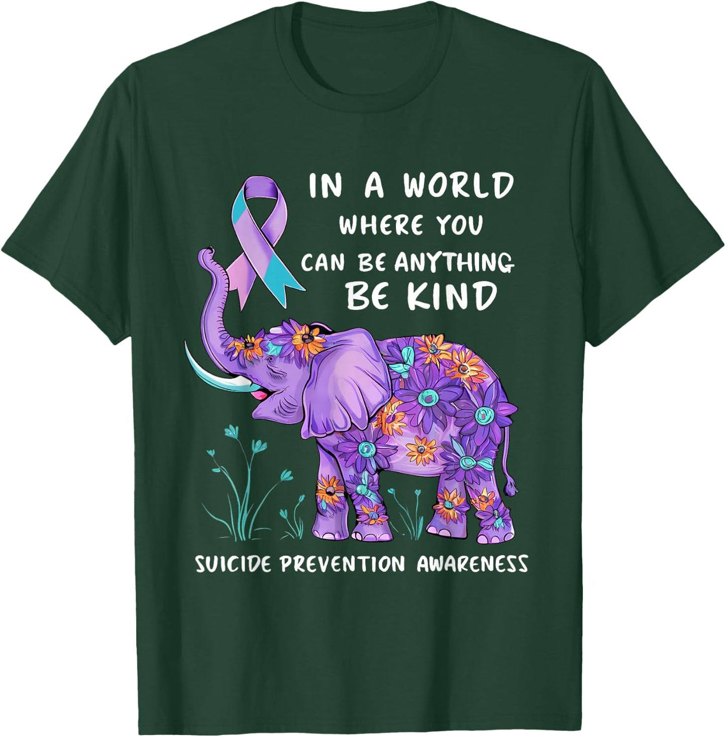 Suicide Prevention Awareness Elephant Teal & Purple Ribbon T-Shirt - T-Shirt | Forest