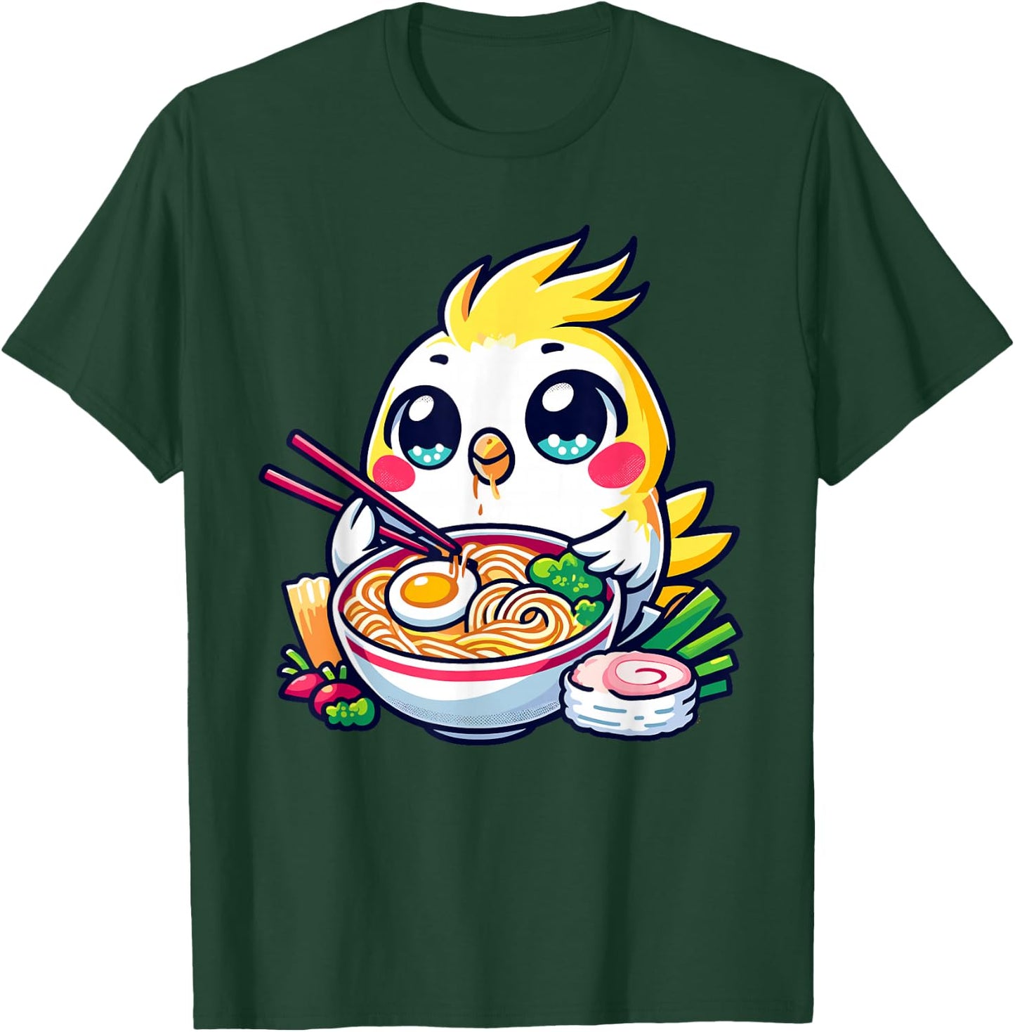 Kawaii Yellow Cockatiel Bird Parrot Eating Ramen Noodles T-Shirt - T-Shirt | Forest