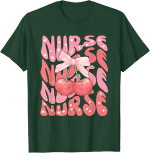 Cute Cherry Coquette Nurse Pink Bow Girlcore Nurse ICU ER RN T-Shirt - T-Shirt | Forest